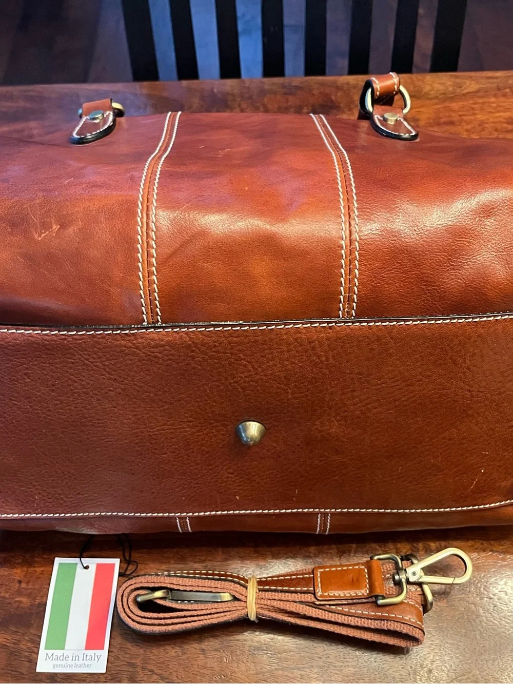 Leather Brown Duffel Bag with Removable Strap